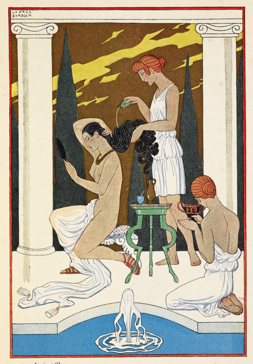 Oud Rome. Een persoon die haar haar door dienaren laat wassen door Georges Barbier