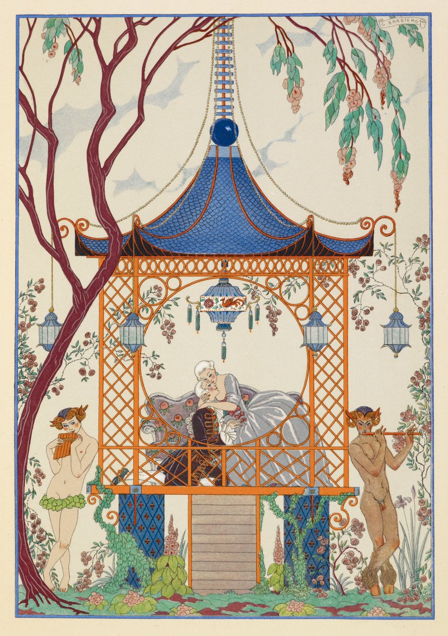 Cythère. Een man en vrouw in een paviljoen, omhelzend. Mythische wezens buiten, spelend op pijpen. door Georges Barbier