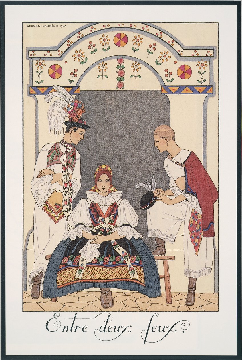 Falbalas et Fanfreluches, Almanak voor 1923, Entre deux feux, door George Barbier, prent door Georges Barbier