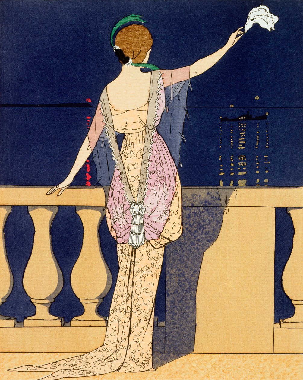 Afscheid in de nacht, ontwerp voor een avondjurk door Jeanne Paquin door Georges Barbier
