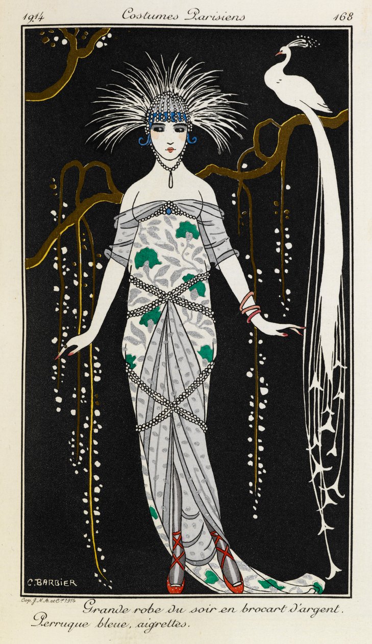 Grote avondjurk van zilveren brokaat door Georges Barbier