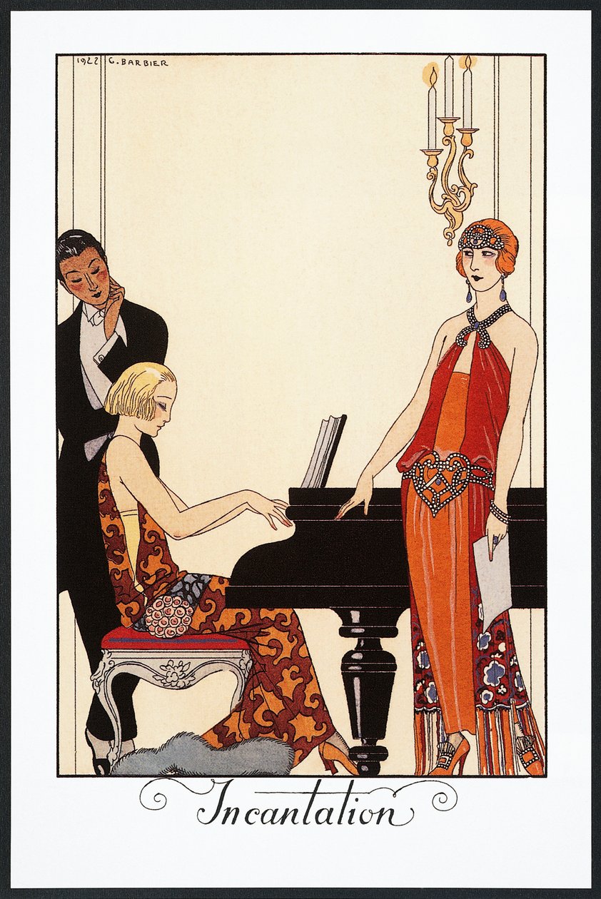 Betovering, pianist en vrouw in avondjurken, illustratie uit Falbalas et Fanfreluches, Almanak van 1923 door Georges Barbier
