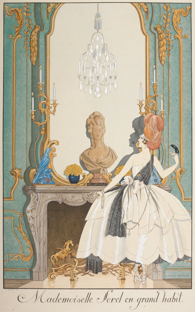 Mademoiselle Sorel in groot kostuum door Georges Barbier