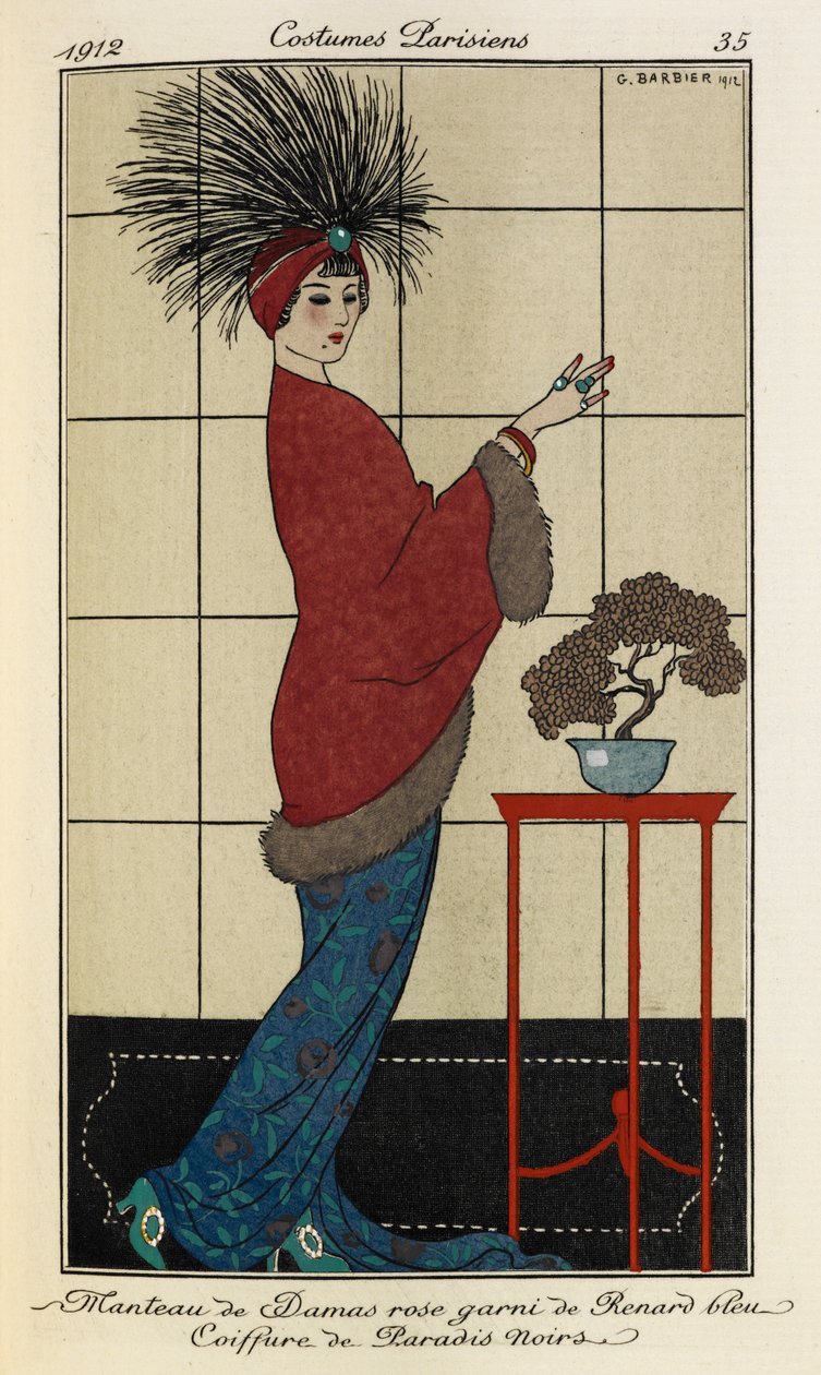 Manteau de Damas rose garni de Renard bleu Coiffure de Paradis noirs. Costumes Parisiens no.35 door Georges Barbier