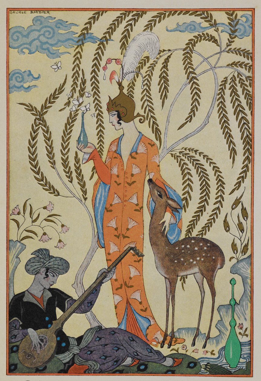 Perzië. Een vrouw met een hert. Een muzikant door Georges Barbier