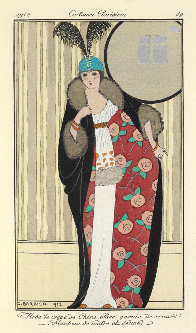 "Robe de crêpe de Chine wit versierd met vos. Manteau van otter en stinkdier," door Georges Barbier