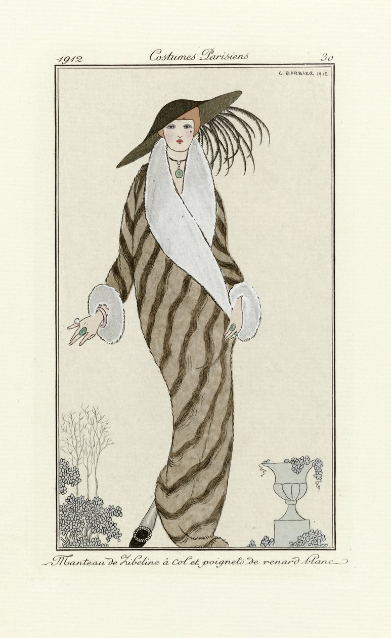 Sabeljas met witte vossenbont, uit Costumes Parisien, uitgegeven 1912 door Georges Barbier