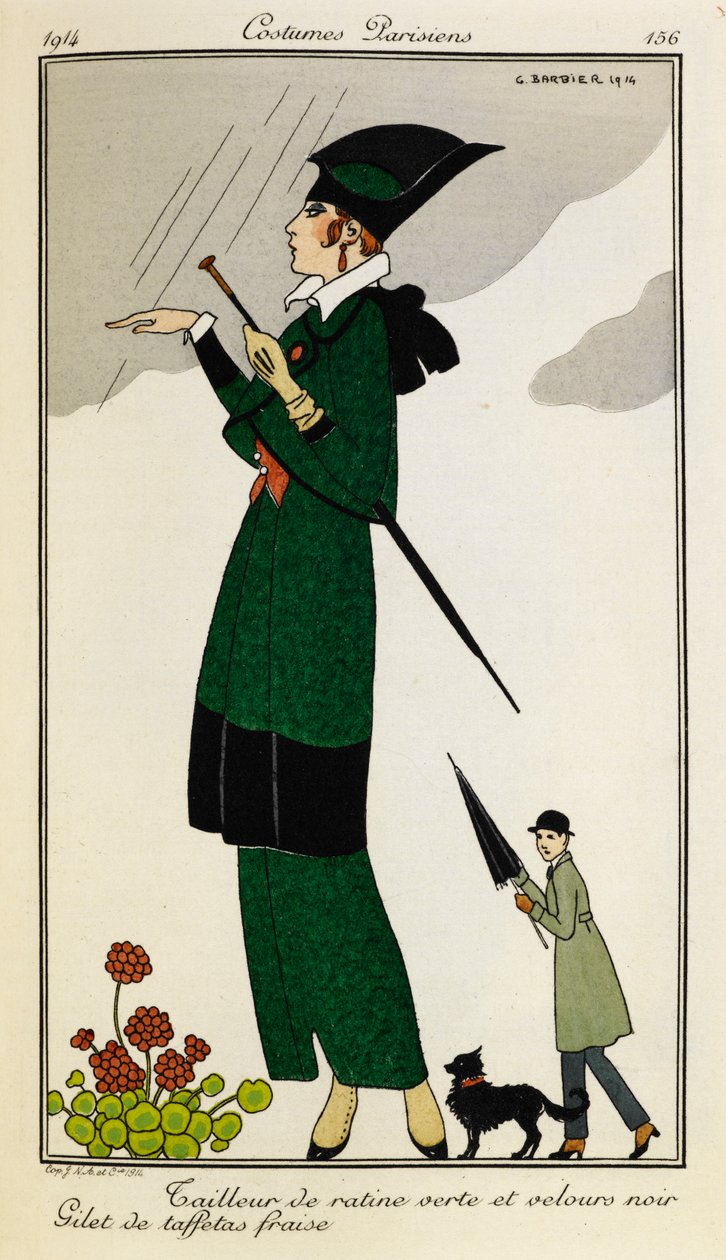 Tailleur van groene en zwarte zijde. Gilet van aardbei zijde. Vrouw in een op maat gemaakte outfit van groene en zwarte zijde, met een aardbei zijden vest. Persoon in een trenchcoat met een paraplu en een hond op de achtergrond. Costumes Parisiens. door Georges Barbier