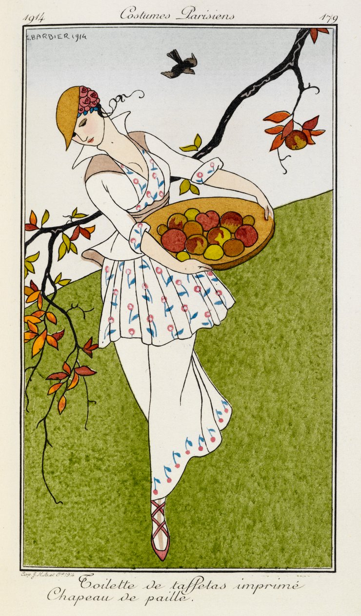 Toilette de taffetas imprime chapeau de paille. Costumes Parisiens no.179. Een vrouw draagt een zijden outfit met print en een strohoed. Ze draagt een schaal met fruit. door Georges Barbier