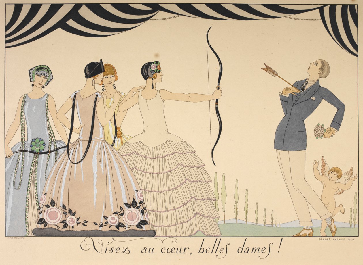 Visez au coer, belles dames. Richt op het hart dames. Een vrouw schiet een man in het hart met een pijl. door Georges Barbier