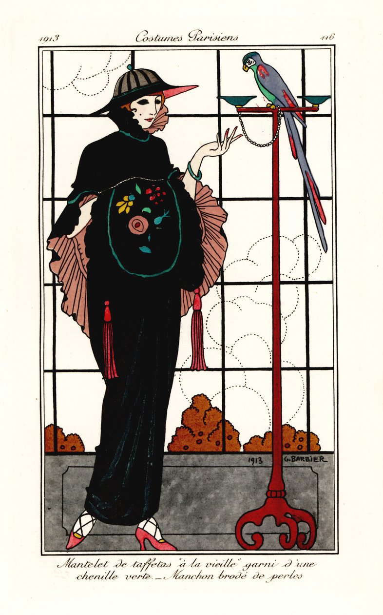Vrouw in een oude-taffeta cape met een papegaai door Georges Barbier