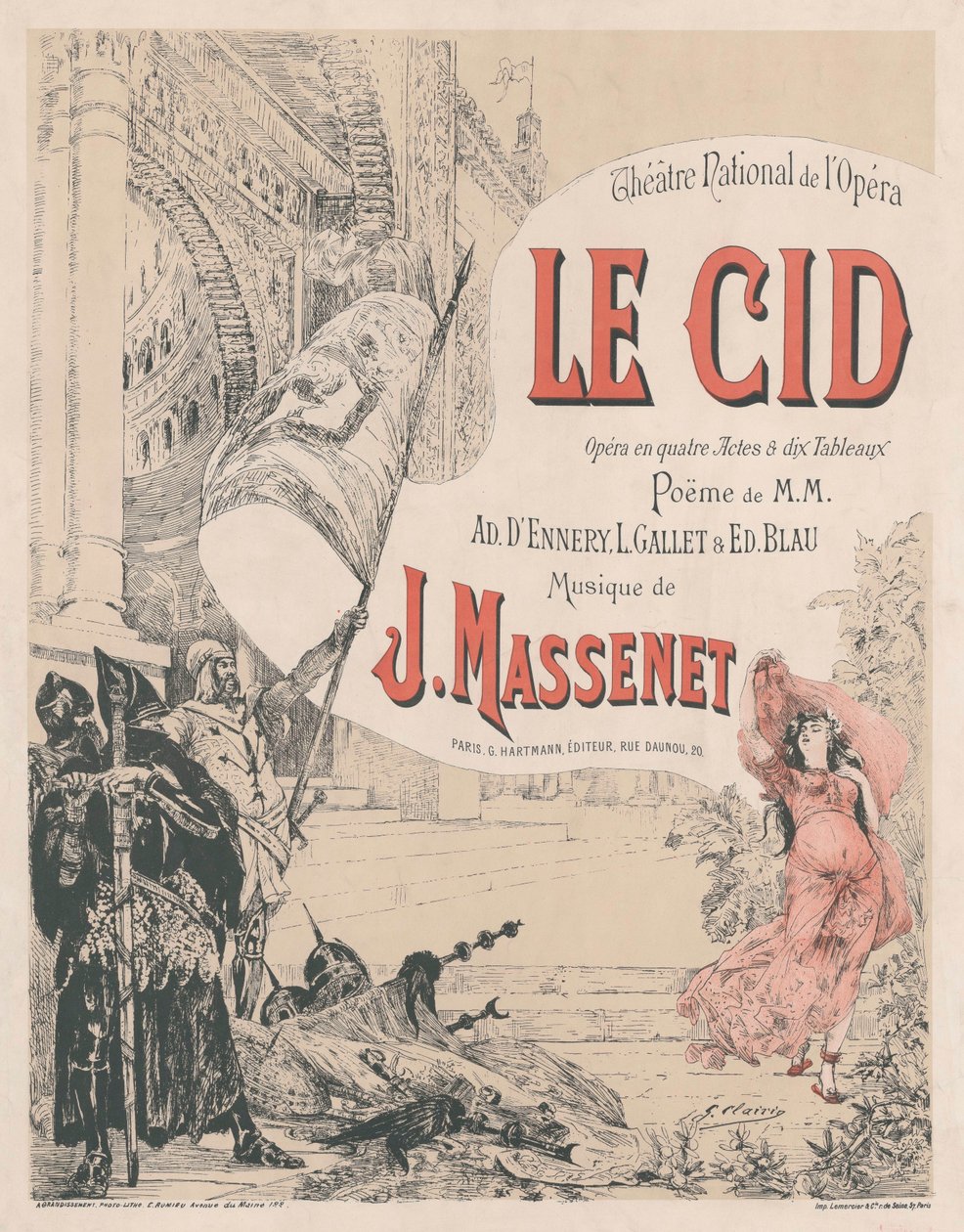 Poster voor de première van de opera Le Cid door Jules Massenet door Georges Clairin