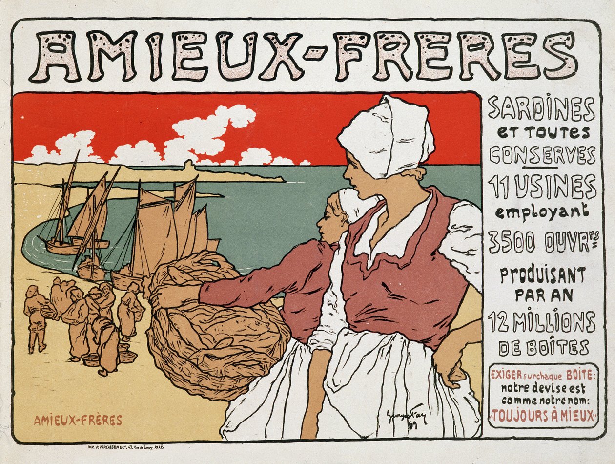 Reclame voor sardines en ingeblikt voedsel Amieux-Frères, door Georges Fay door Georges Fay