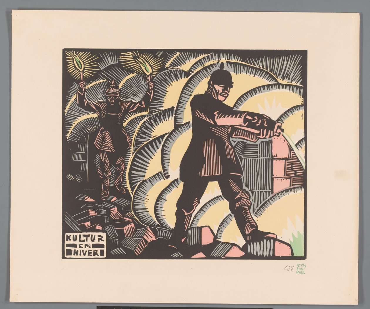 Soldaten steken gebouwen in brand door Georges Hermann Rene Paul