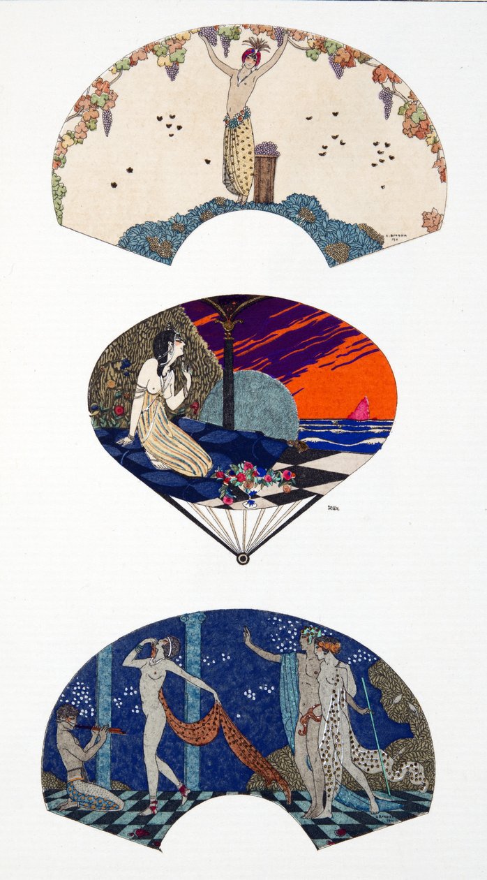 Eventails de Paquin, naar G. Barbier en Paul Iribe. Plaat 42, uit Costumes Parisiens gepubliceerd in Journal des Dames et des Modes door Georges and Iribe Paul Barbier