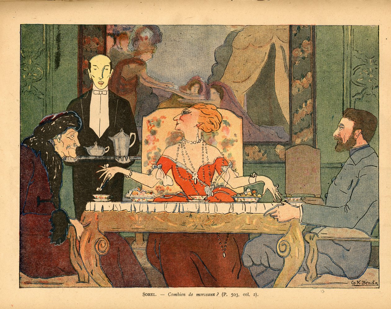 Hoeveel brokken (Cecile Sorel en haar gasten, een legerveteraan en Voltaire) door Georges Kugelmann Benda
