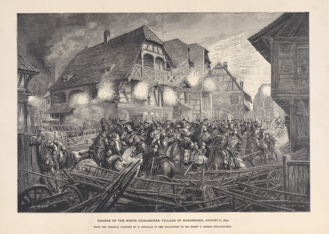 Aanval van de Negende Cuirassiers, dorp Morsbronn, 6 augustus 1870, 1874-1900 door Georges Léon Alfred Perrichon