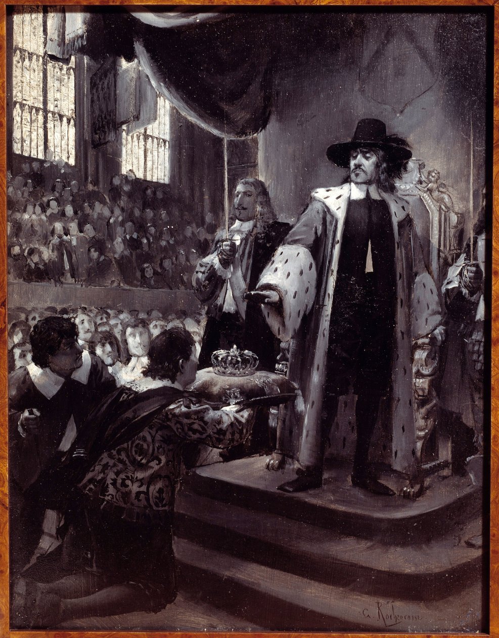 Oliver Cromwell (1599-1658) weigert de kroon De Lord Protector van de Republiek Groot-Brittannië werd de kroon aangeboden door de Nederige Petitie en Advies (Nieuw Parlement) in 1658. Grisaille op hout door Georges Antoine Rochegrosse (1859-1938) 19e eeuw. door Georges Marie Rochegrosse