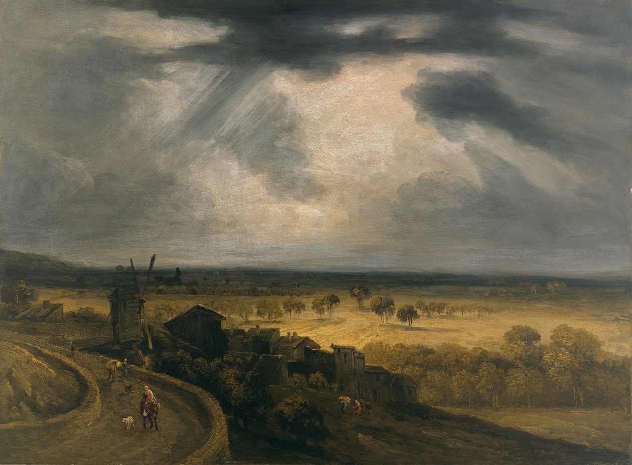 Montmartre landschap met windmolen, ca 1810-20 (olieverf op papier op hardboard op doek) door Georges Michel