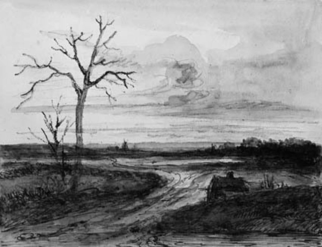 Verlaten landschap met weg en bladloze boom door Georges Michel