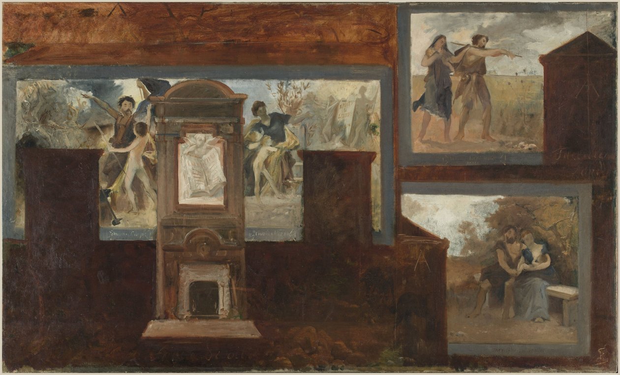 Schets voor het stadhuis van het 15e arrondissement: Burgerschapsvorming. Morele opvoeding. Vrouwen moeten hun mannen volgen. Vaderschap. Moederschap, in 1884 door Georges Recipon