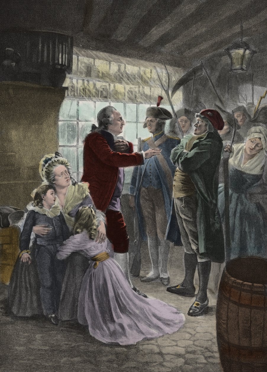 Franse Revolutie: 21 juni 1791 De koninklijke familie (Lodewijk XVI Koning van Frankrijk, Koningin Marie Antoinette en hun twee kinderen Madame Elisabeth de zus van de koning en de gouvernante van de kinderen) ingehaald in de herberg van Varennes (Varennes door Georges Roussin
