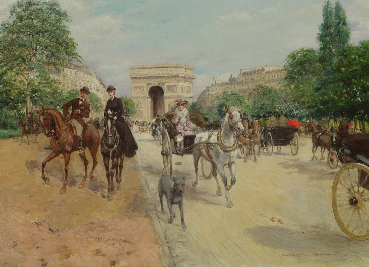 Ruiters en koetsen op de Avenue du Bois, 1910 door Georges Stein