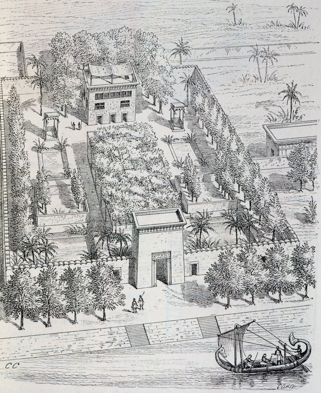 Uitzicht op Egyptische villa langs de Nijl, reconstructie door Chipiez, uit Geschiedenis van de kunst in de oudheid (Egypte, Assyrië, Perzië, Klein-Azië, Griekenland, Etrurië, Rome) door Georges and Chipiez Charles Perrot