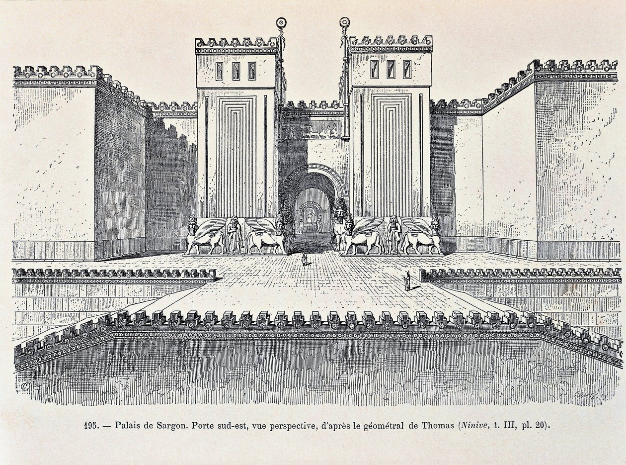 Reconstructie van de zuidoostelijke poort van het paleis van Sargon in Dur-Sharrukin door Georges and Chipiez Charles Perrot