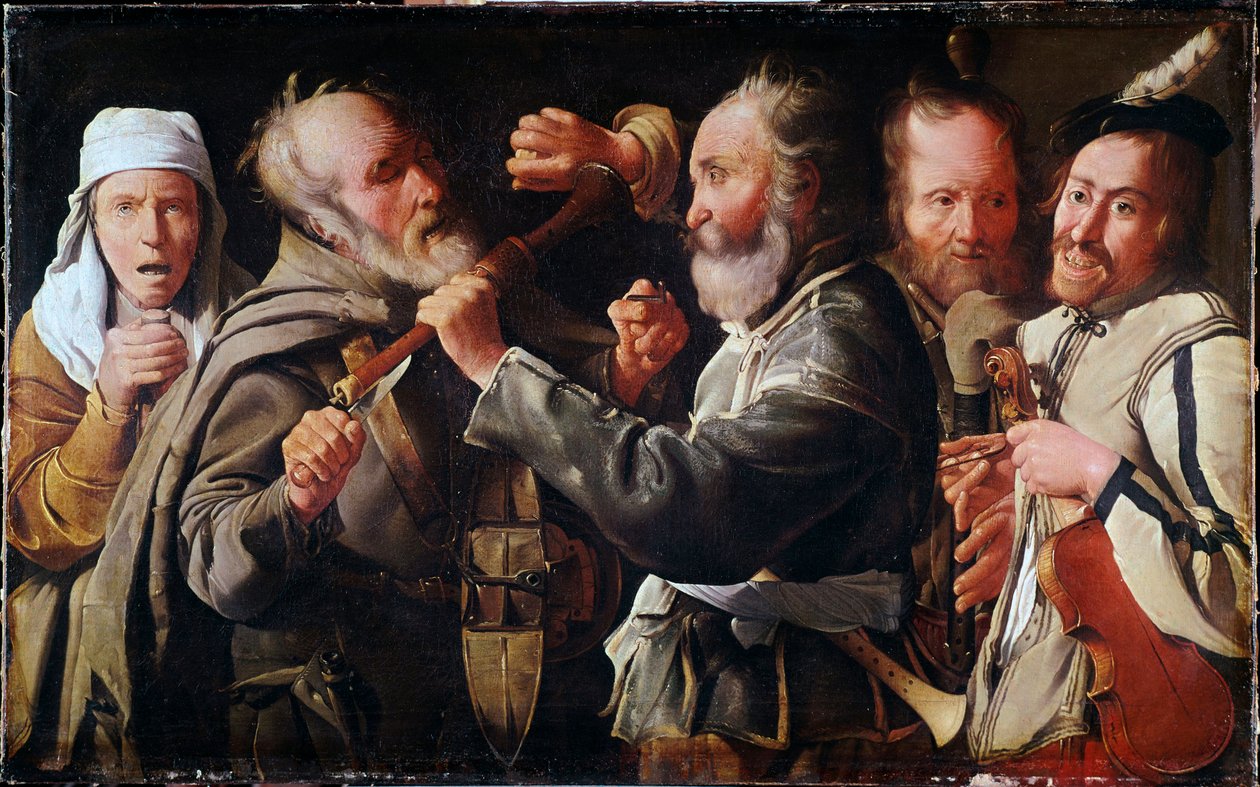 Ruzie tussen muzikanten (olieverf op doek) door Georges de La Tour