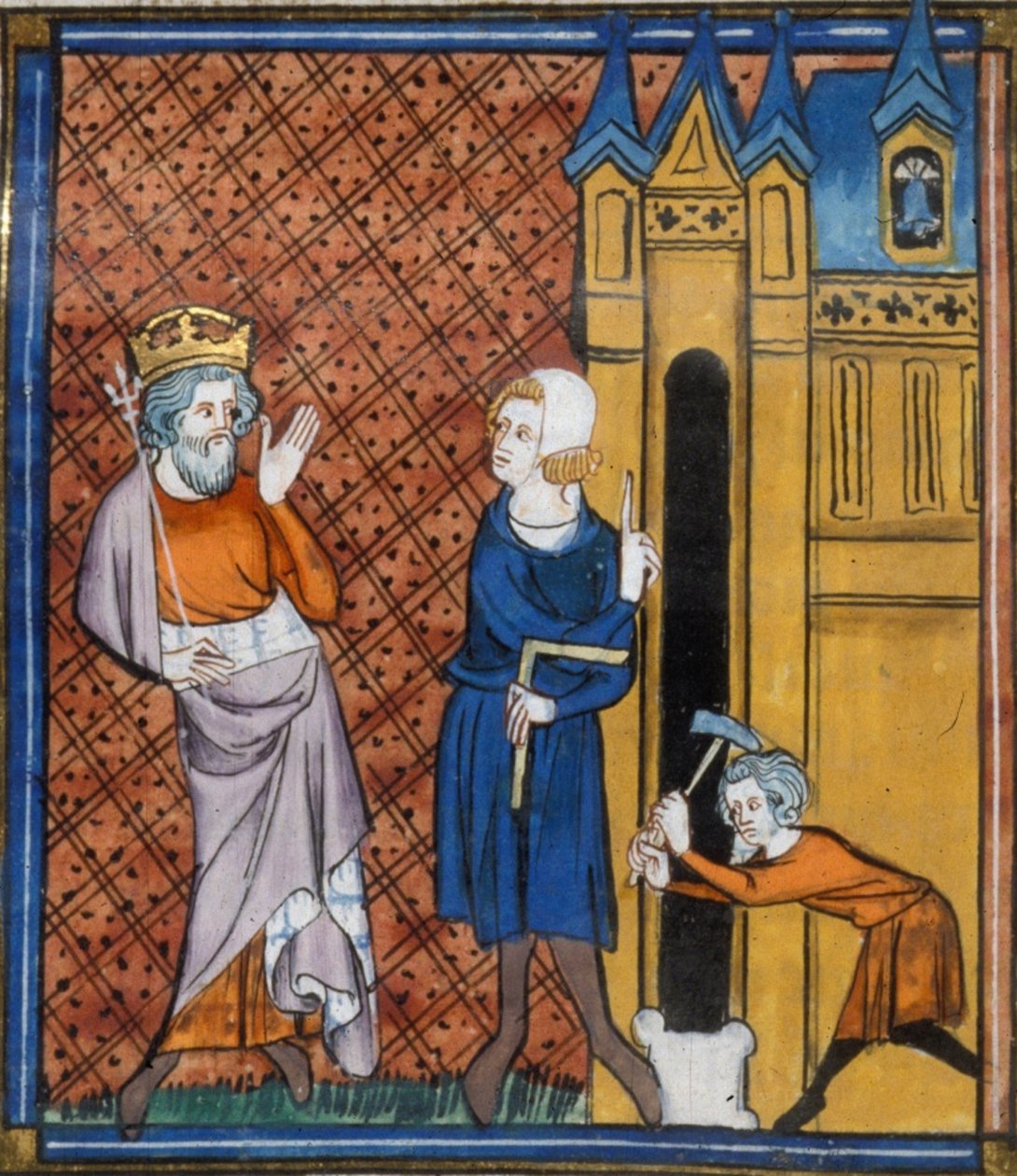 Karel de Grote bouwt de kathedraal van Aix, uit Chroniques de France ou de St Denis, 14e eeuw (22716435125) door Georgia Levan Ramishvili from Tbilisi