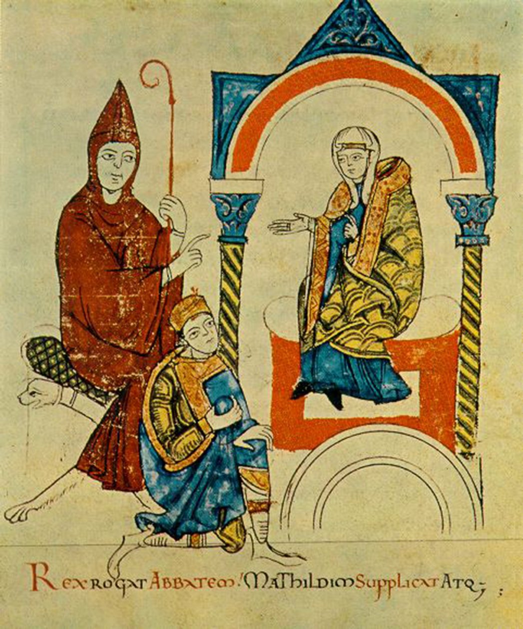 Koning -Heilige Roomse Keizer Hendrik IV- bidt tot abt -Hugh van Cluny- en smeekt Matilda -van Canossa-, uit Vita Mathildis, ca. 1115 (34295963116) door Georgia Levan Ramishvili from Tbilisi