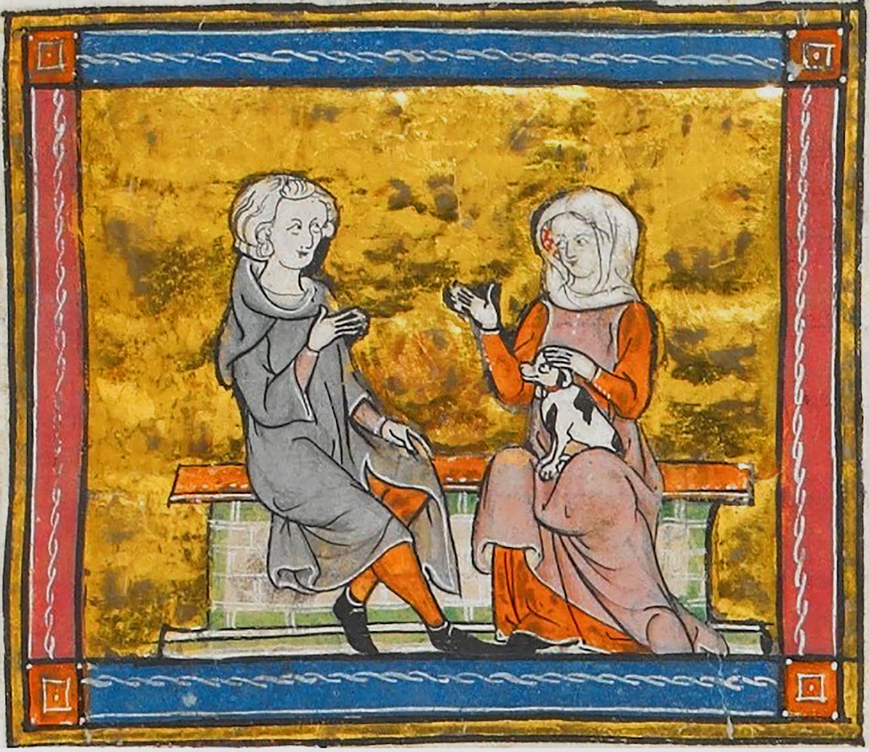 Lancelot in gesprek met een dame die een klein zwart-wit hondje vasthoudt, uit Morte Artu, ca. 1315-1325 (41067329535) door Georgia Levan Ramishvili from Tbilisi