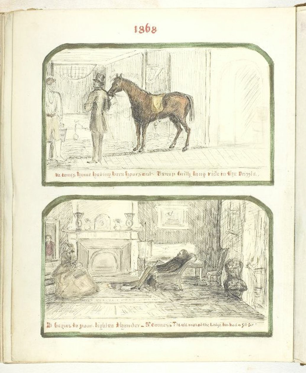 Zonder titel [man met paard, en stel dat bij het vuur ontspant], 1868 door Georgina Cowper