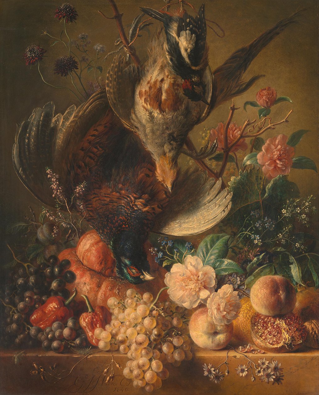 Bloemen en gevogelte door Georgius Jacobus Johannes van Os