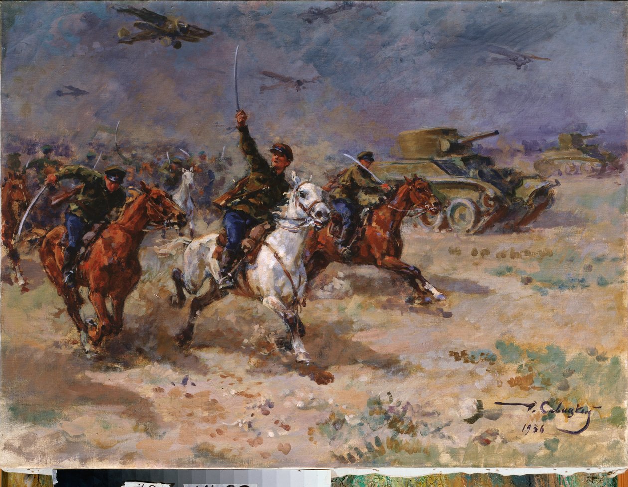 Aanval (Chars en cavalerie van het Rode Leger tijdens de Oktoberrevolutie) door Georgiy Konstantinovich Savitsky