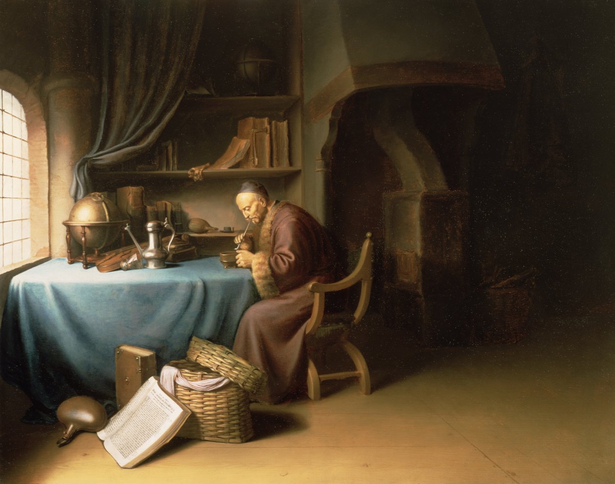 Een Oude Man Steekt zijn Pijp aan in een Studie door Gerrit Dou