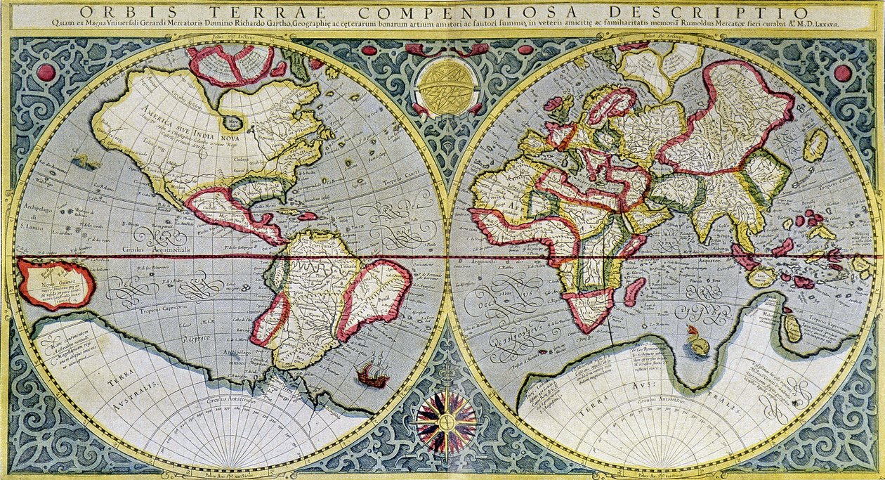 Wereldkaart van Mercator (1587) - in "Het Universum en de Mensheid" door H. Kraemer door Gerard (after) Mercator