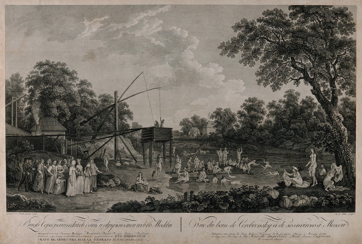 Uitzicht op de Serebryanichesky badhuizen in Moskou, 1796 door Gerard Barthe de la