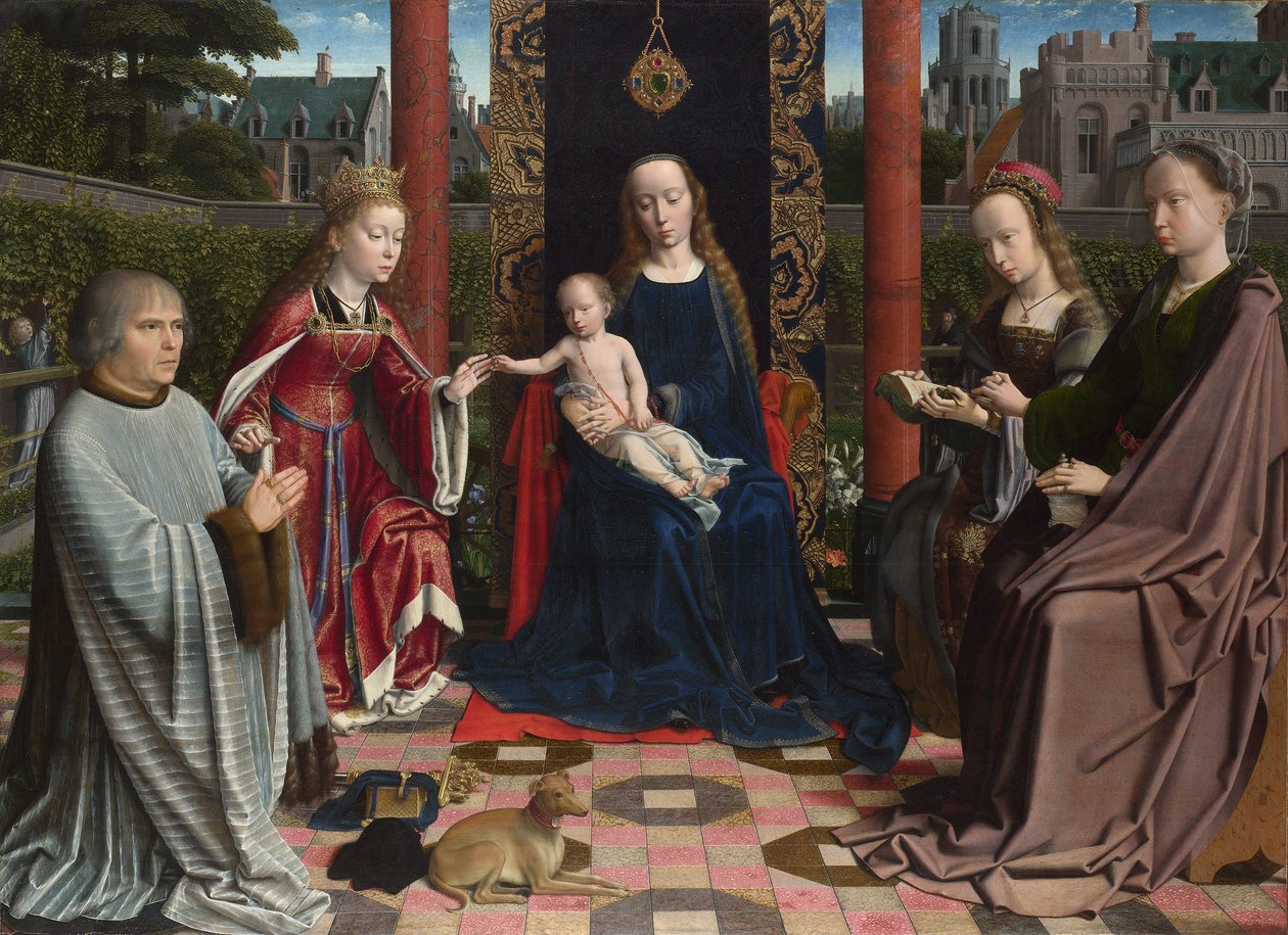 Frans:  Le mariage mystique de Sainte Catherine, par Gérard David De maagd en het kind met heiligen en schenker door Gerard David