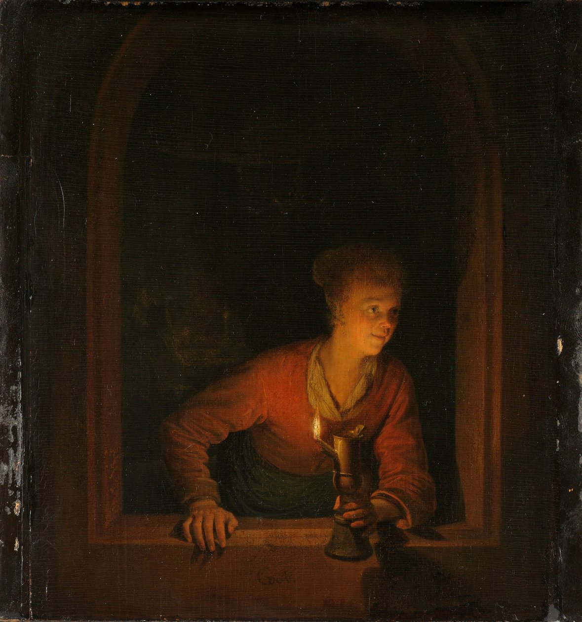 Meisje met een olielamp bij een raam door Gerrit Dou