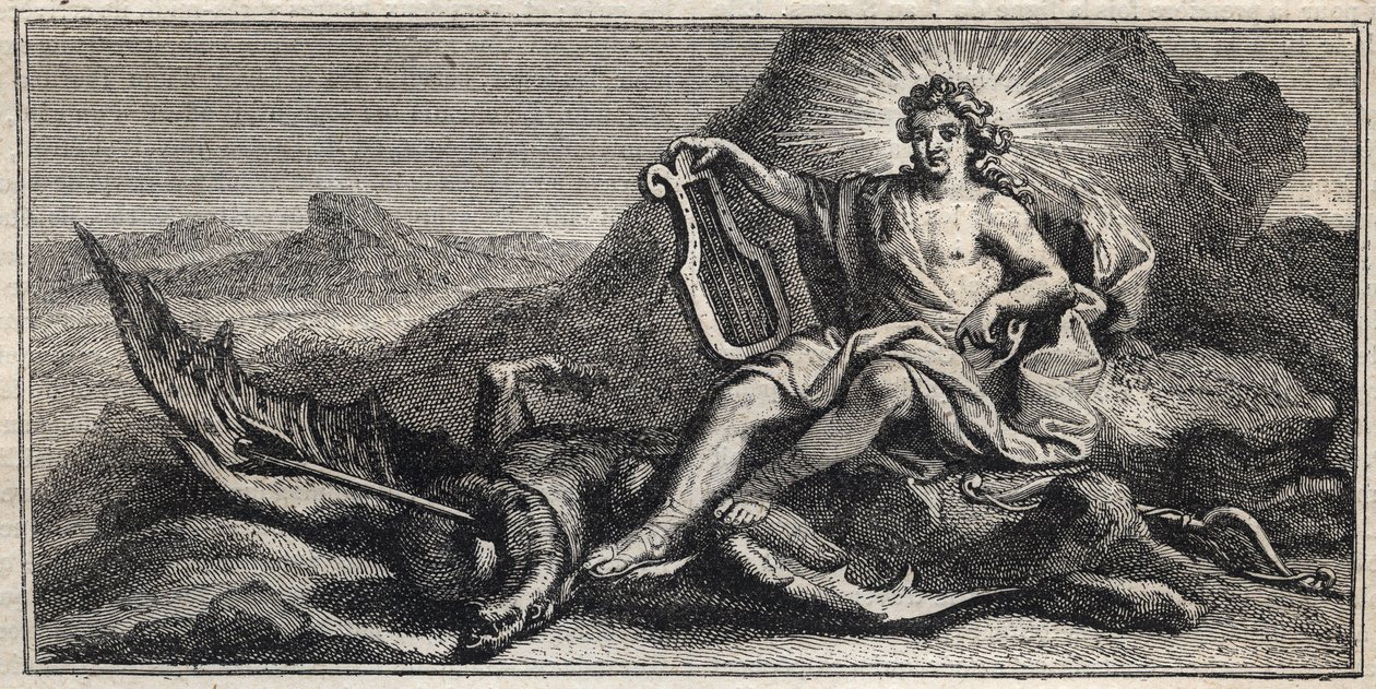 Apollo verslaat de Hydra (gravure door Gerard Edelinck naar Daniel Halle) door Gérard Edelinck