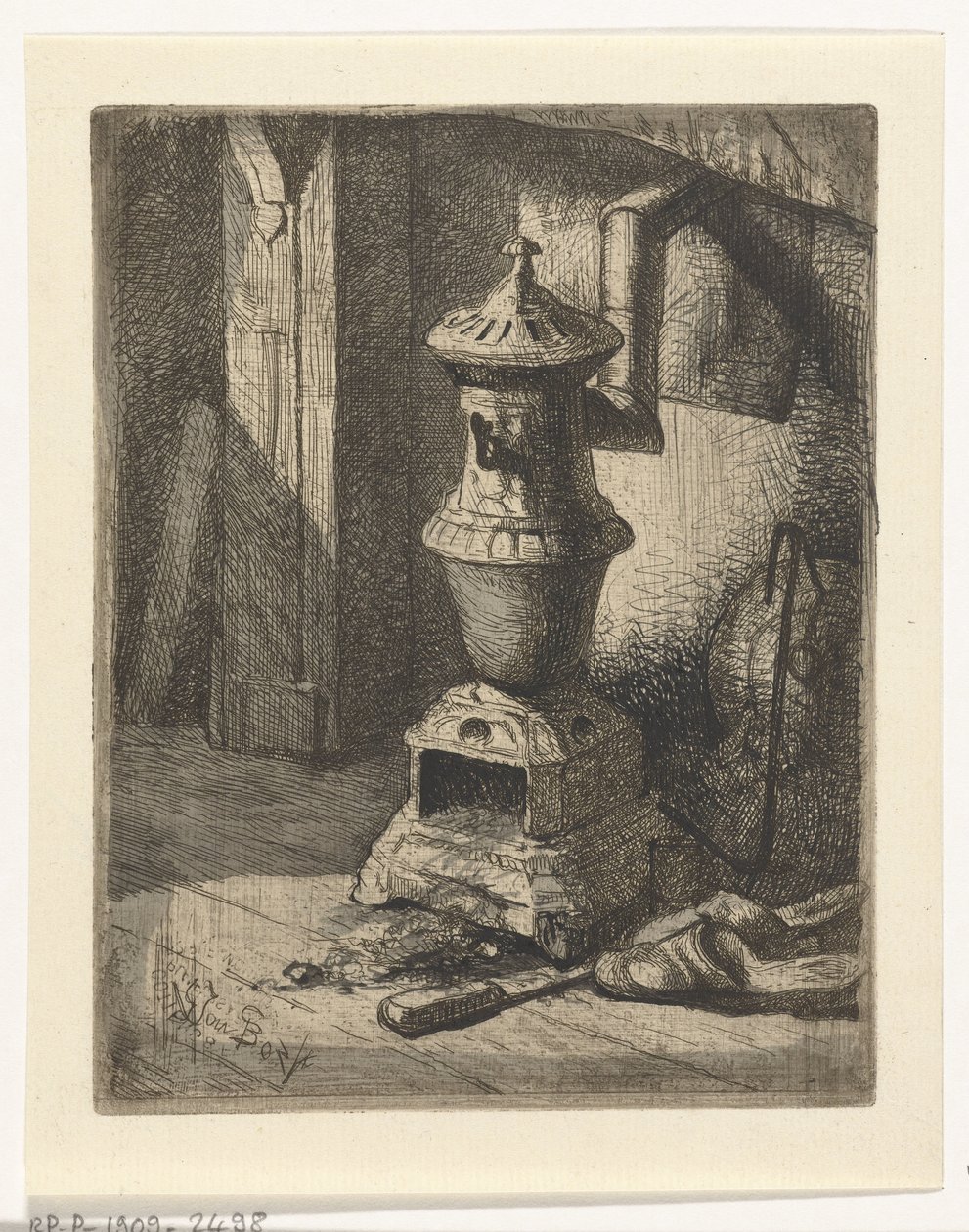 Studie van een interieur met kachel door Gerard Jan Bos