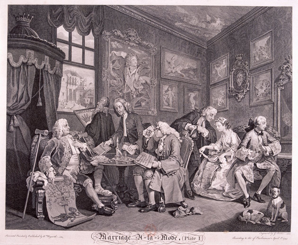 Huwelijk à la mode, 1745, plaat I door Gerard Jean Baptiste Scotin