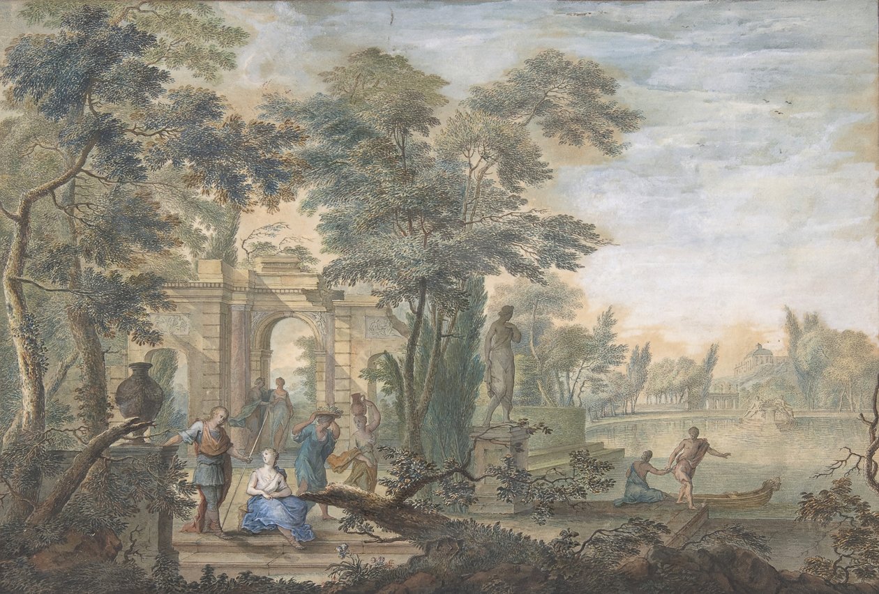 Arcadisch landschap met verschillende figuren en een standbeeld van Diana door Gerard Melder