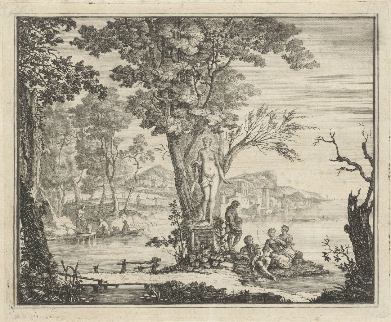 Rivierlandschap met hengelaars bij een beeld van Venus door Gerard Melder