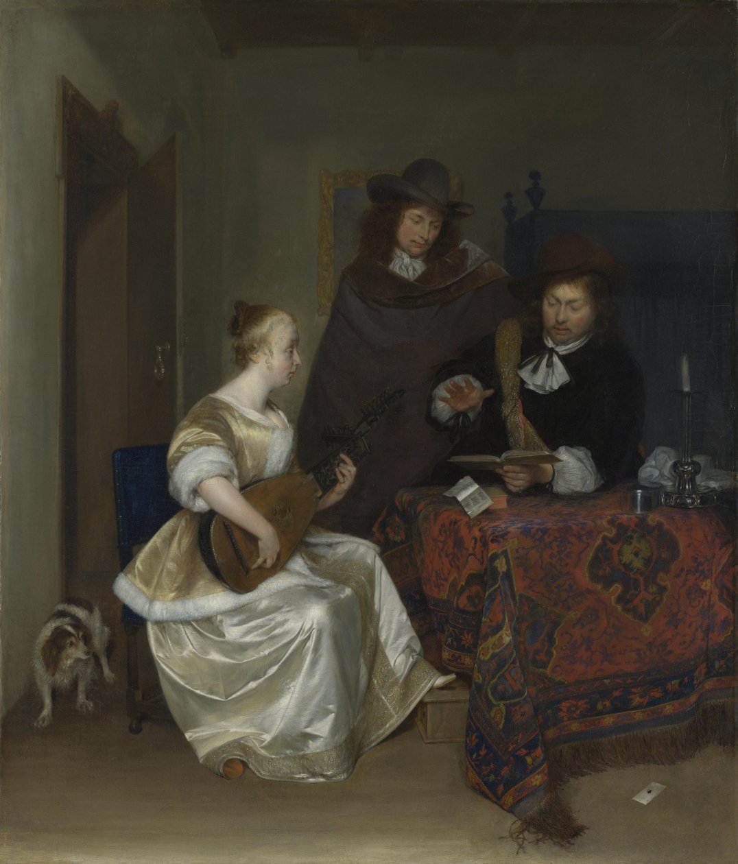 Een vrouw speelt theorbo voor twee mannen door Gerard Ter Borch the Younger