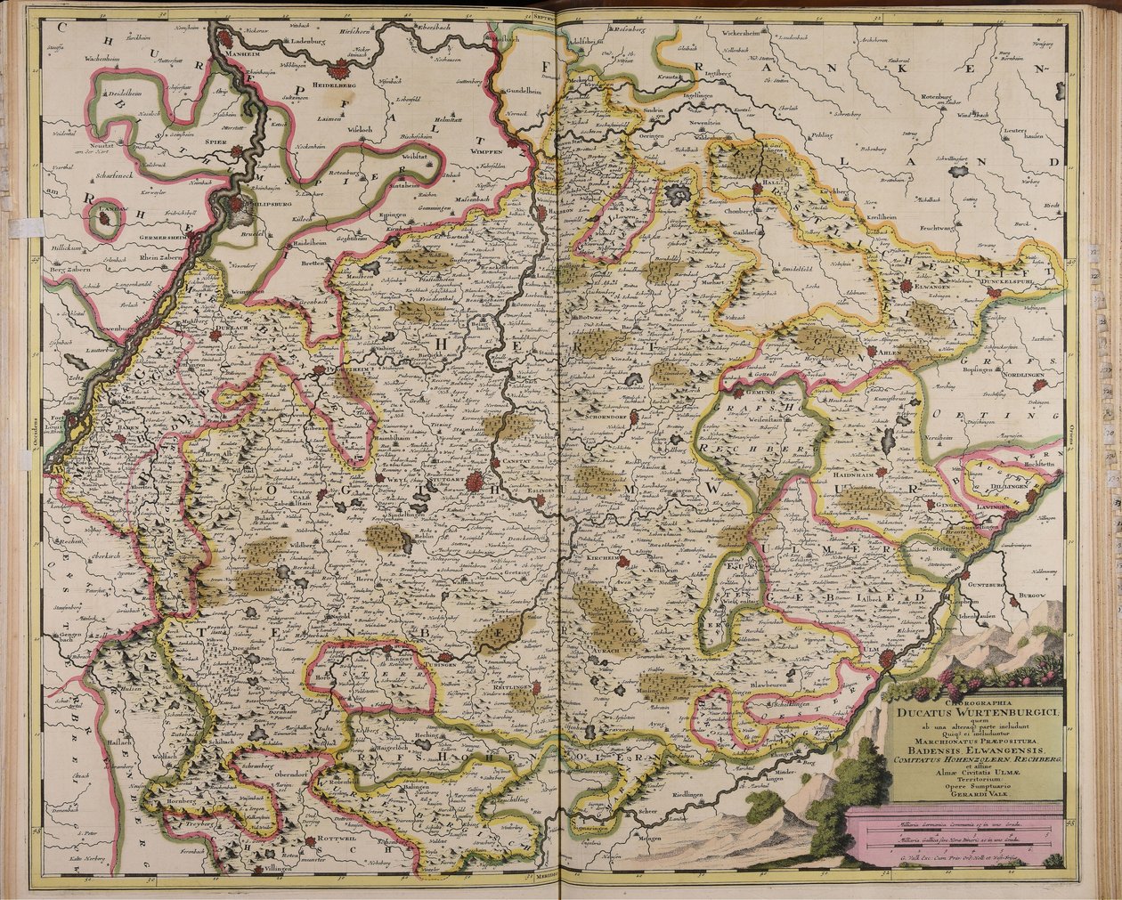 Chorographia ducatus Wurtenburgici quem ab una alteraque parte includunt quique ei includuntur marchionatus praepositura Badensis Elwangensis comitatus Hohenzolern Rechberg et affine almae civitatis Ulmae territorium. door Gerard Valck