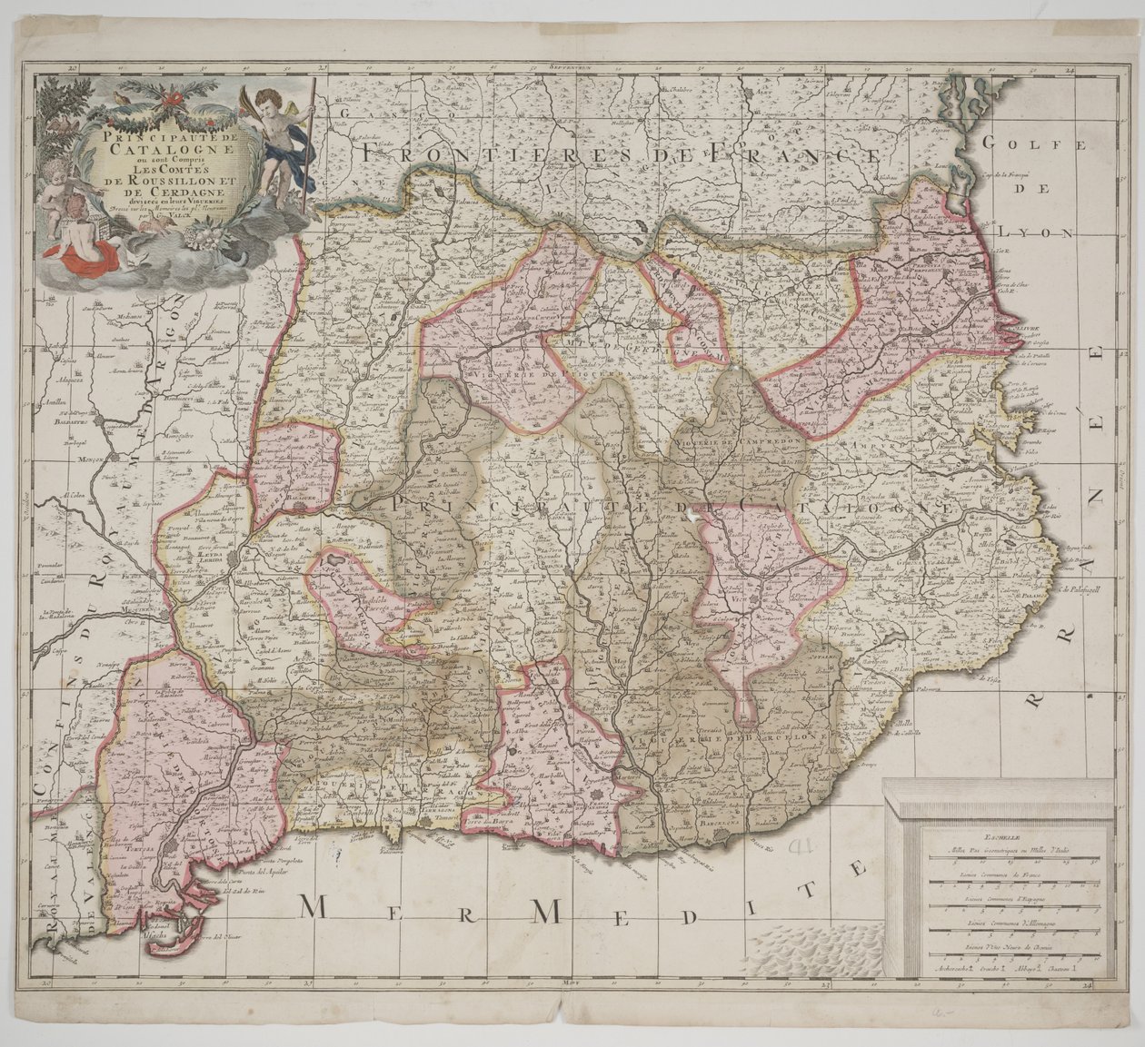 Vorstendom Catalonië, ca. 1702 (handgekleurde ets) door Gerard Valck