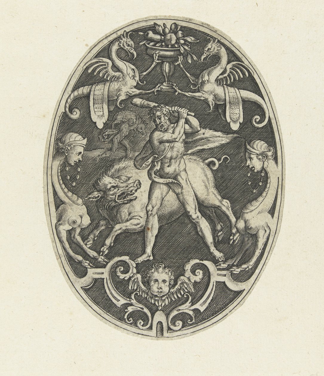 Vlakdecoratie: Hercules vangt het Erymantische everzwijn Ovale vlakdecoraties met de daden van Hercules in grotesken (series title) door Gerard de Jode